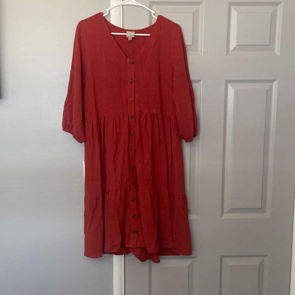 burnt orange button up mid sleeve dress